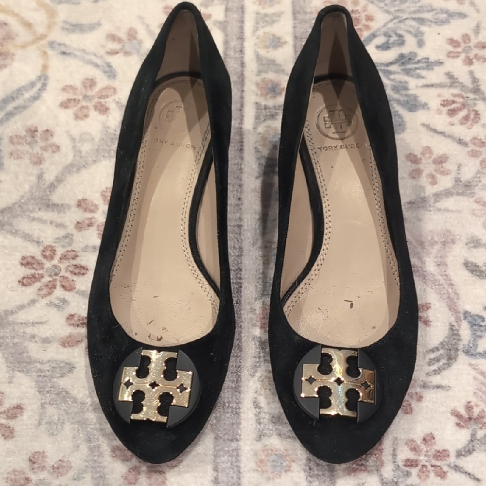 Tory Burch Black Flats with Gold Emblem